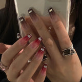 Z-05 Red Gray Ice Crystal Long T False Nails - WOMONA.COM