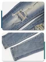 Pure Black Stretch Jeans With Holes For Men - WOMONA.COM