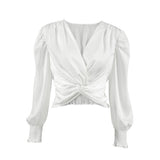 White Satin Top Short Design Twist V-neck Pullover Shirt - WOMONA.COM