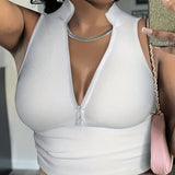 Women's V-neck Short Zipper Design Ribbed Knit Camisole Vest