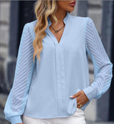 V-neck Long-sleeved Chiffon Shirt - WOMONA.COM