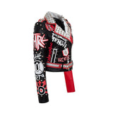 Skinny Jacket Graffiti Print Contrast Color Motorcycle Leather Jacket - WOMONA.COM