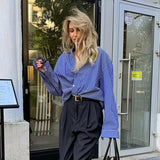 French Style Blue Striped Shirt Design Sense Niche - WOMONA.COM