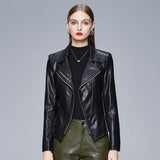Trendy Motorcycle Leather Slim V-Neck Women's Leather Jacket - WOMONA.COM