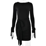 Round Neck Long Sleeve Bowknot Lace-up Pleated Slim Fit Dress - WOMONA.COM