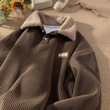 Men's Fleece-lined Thick Corduroy Polo Collar Sweater - WOMONA.COM
