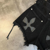 Lace-up Frayed Cross Flower & Pattern Sweet Cool Denim Shorts For Women - WOMONA.COM