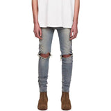 Pure Black Stretch Jeans With Holes For Men - WOMONA.COM