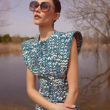 Round Neck Square Shoulder Printed Dress