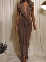 Deep V Pleated Sleeveless Maxi Dress - WOMONA.COM
