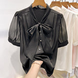 Pure Color Tied Single-breasted Short Sleeve Shirt For Women - WOMONA.COM