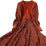 Women's Long Sleeve Retro Patchwork Floral Knitted Dress