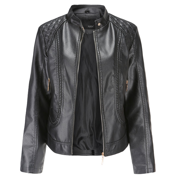 Women's stand collar PU leather jacket - WOMONA.COM