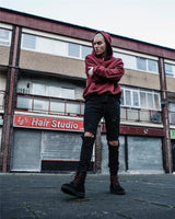 Pure Black Stretch Jeans With Holes For Men - WOMONA.COM