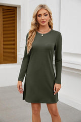 Round Neck Slit Hemline At Hem Long Sleeve Casual Dress