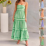 Summer Striped Printed Suspender Long Dress - WOMONA.COM