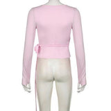 Street Style Sexy Cross V-neck Long Sleeve Tied T-shirt - WOMONA.COM
