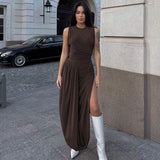 Side-slit Pleated Slim Round Neck Dress