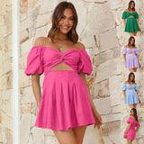 Sexy Off-shoulder Lantern-sleeve Pleated Dress - WOMONA.COM