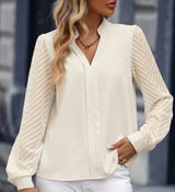 V-neck Long-sleeved Chiffon Shirt - WOMONA.COM