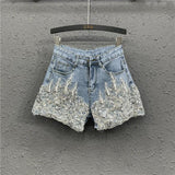 Heavy Industry Western Style Beaded Denim Shorts For Women - WOMONA.COM