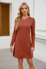 Round Neck Slit Hemline At Hem Long Sleeve Casual Dress
