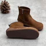 Flat Round Head Side Zipper Leather Ankle Boots For Women - WOMONA.COM