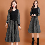 Women's Long Sleeve Retro Patchwork Floral Knitted Dress