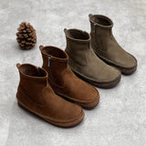 Flat Round Head Side Zipper Leather Ankle Boots For Women - WOMONA.COM