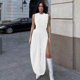Side-slit Pleated Slim Round Neck Dress