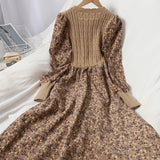 Women's Long Sleeve Retro Patchwork Floral Knitted Dress