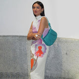 Printed Half Turtleneck Slim Fit Long Dress