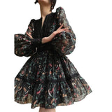 French Retro Printed Dress V-neck