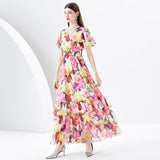 Silver Printing Long Tiered-ruffle Dress - WOMONA.COM