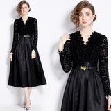 V-neck Waist-controlled Lace-up Large Swing Dress - WOMONA.COM