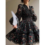 French Retro Printed Dress V-neck