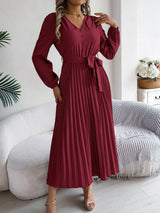 Lace-up Large Hem Pleated Maxi Dress
