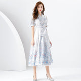 V-neck Lantern Sleeve Long Printed Dress - WOMONA.COM