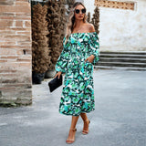 Women's Elegant Printed Square Collar Long Dress - WOMONA.COM