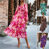 Women's Elegant Printed Square Collar Long Dress - WOMONA.COM