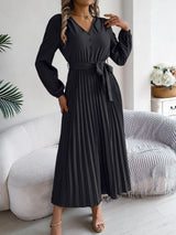 Lace-up Large Hem Pleated Maxi Dress