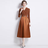 V-neck Waist-controlled Lace-up Large Swing Dress - WOMONA.COM