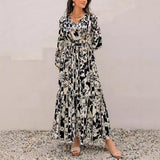 Spring And Autumn Full Printed Lantern Sleeve Dress