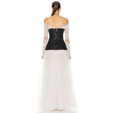 Backless PU Cinched Mesh Long Sleeve Dress