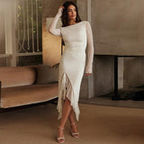 Round Neck Mesh Stitching Long Sleeve Split Ruffled Dress