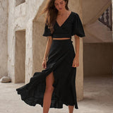 Women's Graceful And Fashionable V-neck Puff Sleeve Skirt Suit - WOMONA.COM