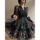 French Retro Printed Dress V-neck