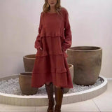 Women's Long Sleeve Patchwork Round Neck Ruffles Dress