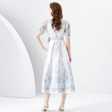 V-neck Lantern Sleeve Long Printed Dress - WOMONA.COM