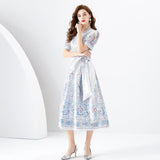 V-neck Lantern Sleeve Long Printed Dress - WOMONA.COM